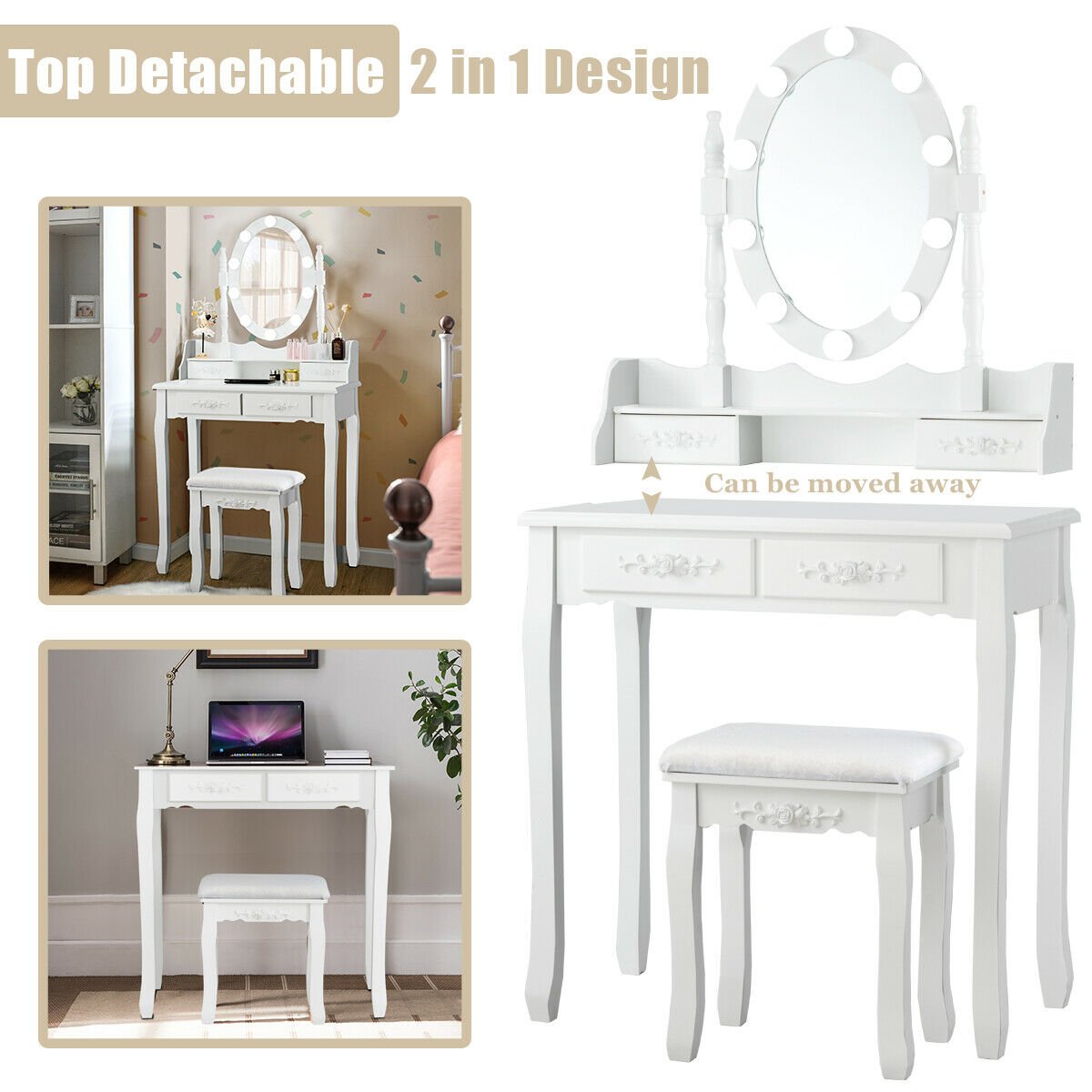 Makeup Dressing Table with Touch Switch Lighted Mirror and Cushioned Stool, White Makeup Vanities   at Gallery Canada