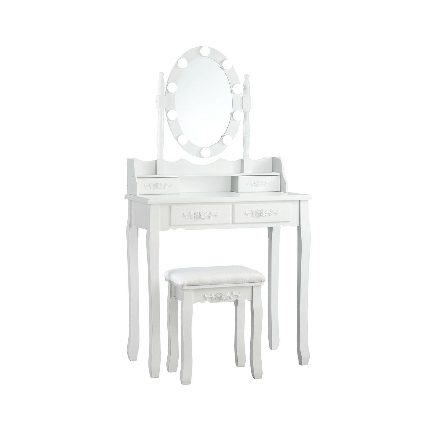 Makeup Dressing Table with Touch Switch Lighted Mirror and Cushioned Stool, White Makeup Vanities   at Gallery Canada