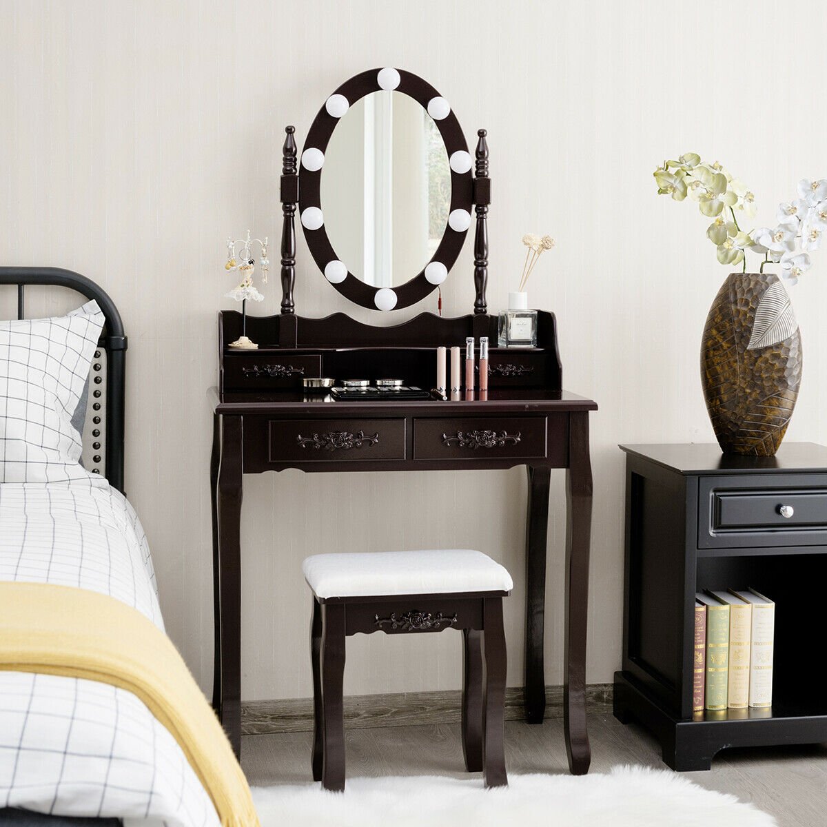 Makeup Dressing Table with Touch Switch Lighted Mirror and Cushioned Stool, Brown Makeup Vanities   at Gallery Canada