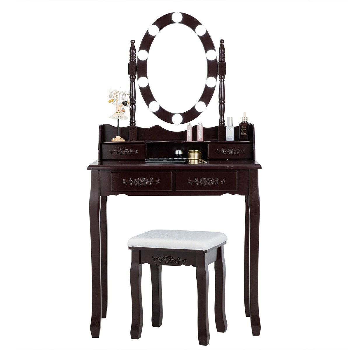 Makeup Dressing Table with Touch Switch Lighted Mirror and Cushioned Stool, Brown Makeup Vanities   at Gallery Canada