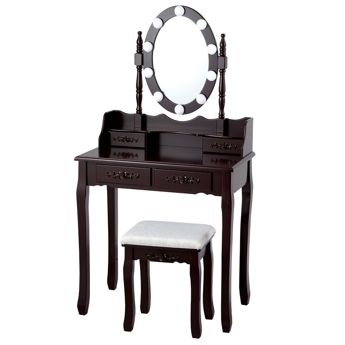 Makeup Dressing Table with Touch Switch Lighted Mirror and Cushioned Stool, Brown Makeup Vanities   at Gallery Canada