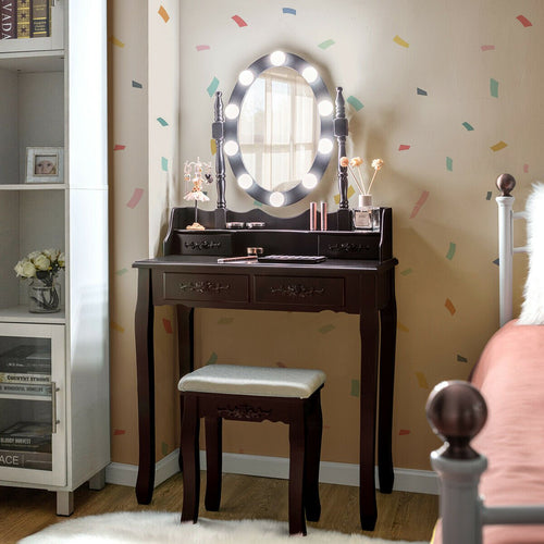 Makeup Dressing Table with Touch Switch Lighted Mirror and Cushioned Stool, Brown