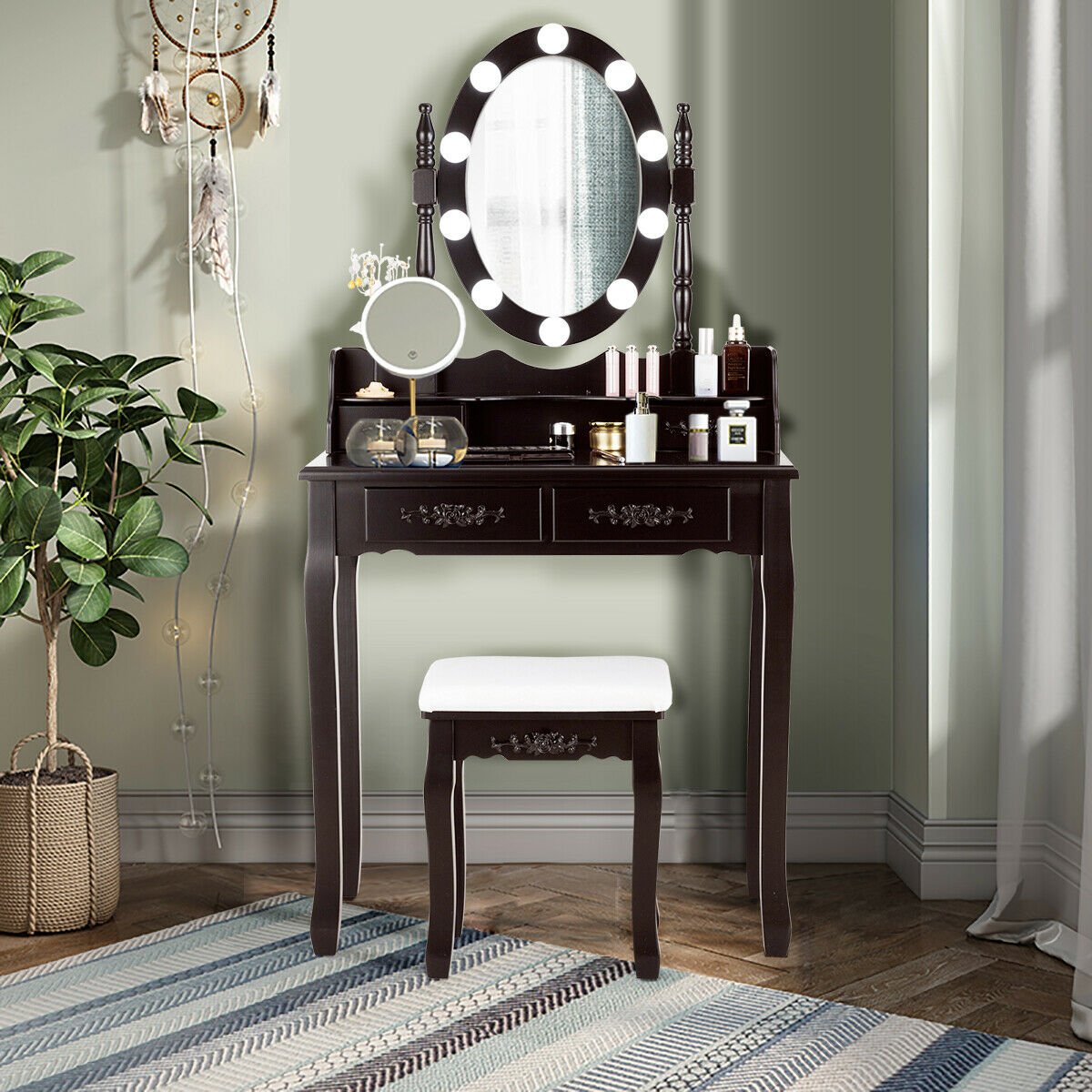 Makeup Dressing Table with Touch Switch Lighted Mirror and Cushioned Stool, Brown Makeup Vanities   at Gallery Canada