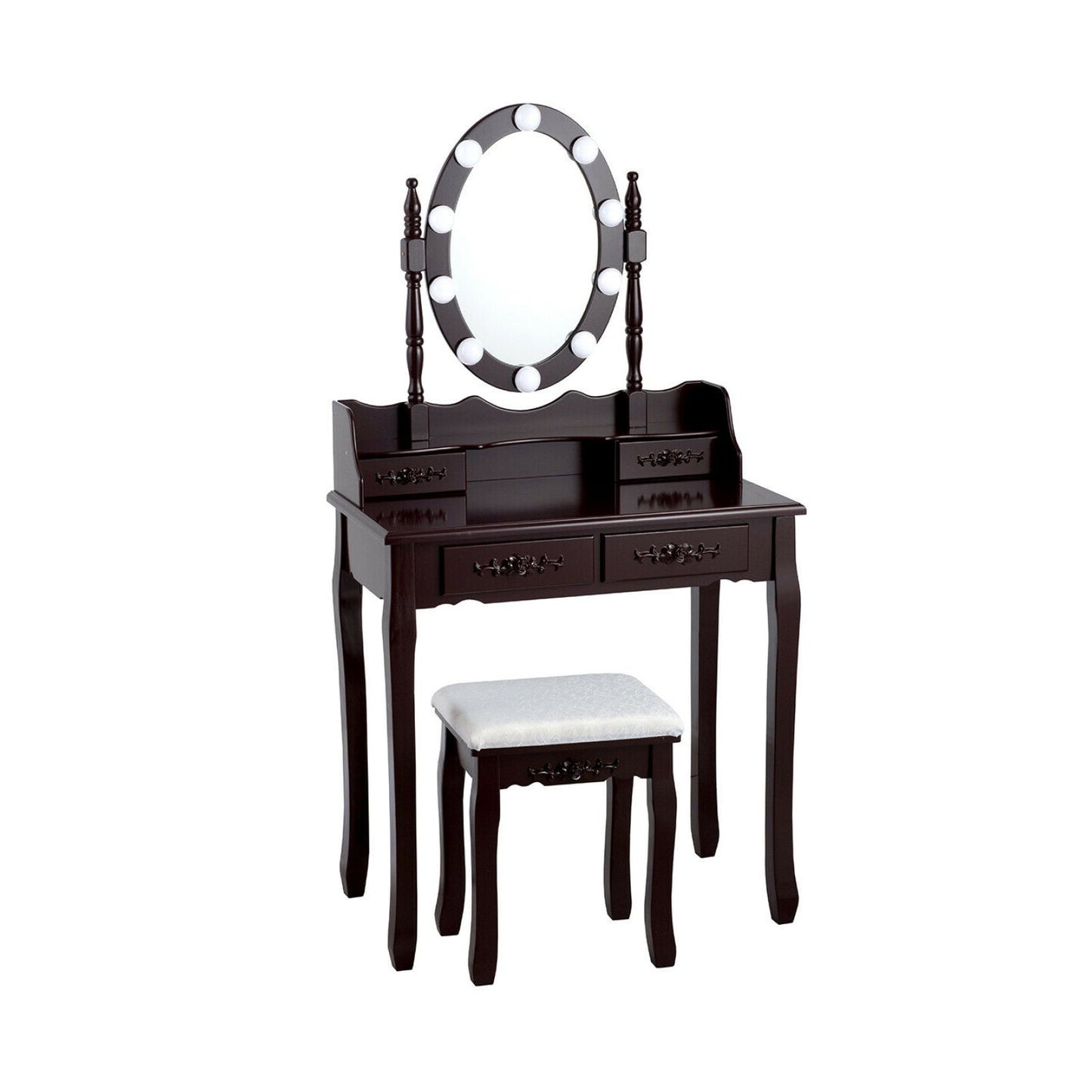 Makeup Dressing Table with Touch Switch Lighted Mirror and Cushioned Stool, Brown Makeup Vanities   at Gallery Canada