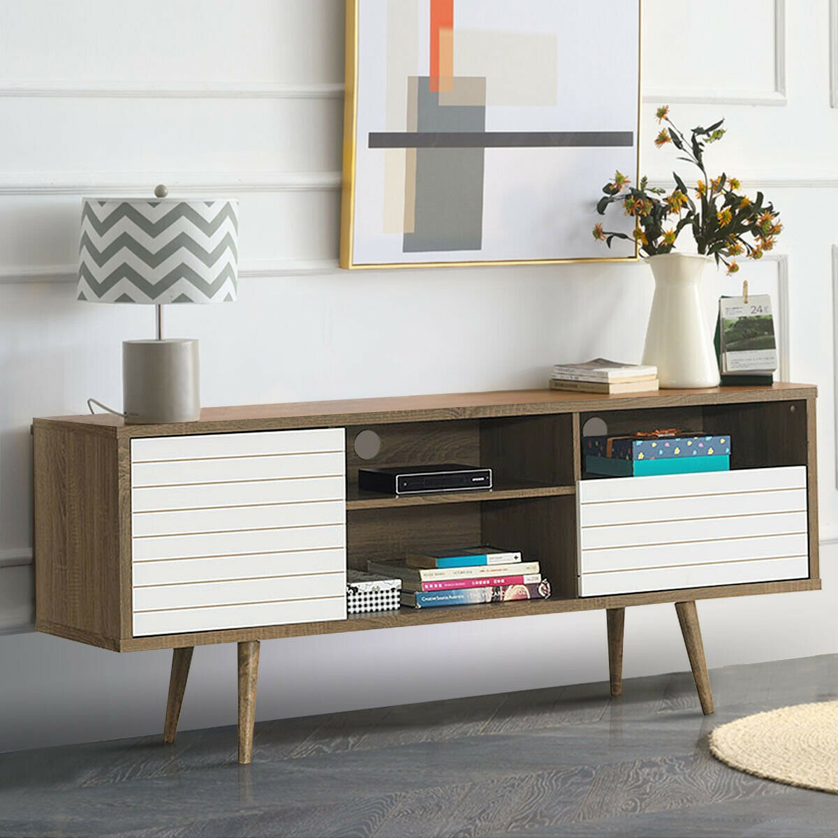 Mid-Century Modern TV Stand for TVs up to 65 Inch, Walnut & White Entertainment Centers & TV Stands   at Gallery Canada