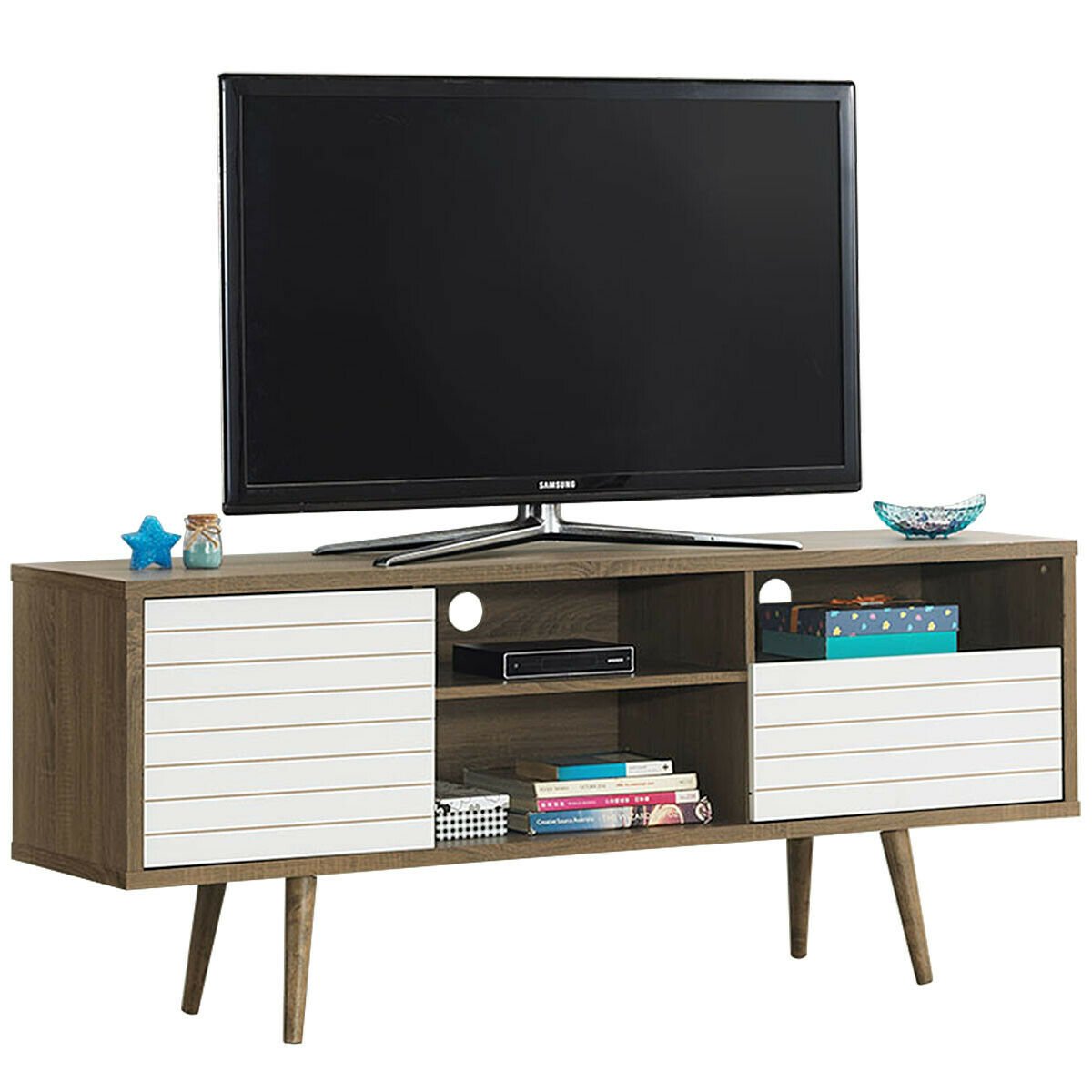 Mid-Century Modern TV Stand for TVs up to 65 Inch, Walnut & White Entertainment Centers & TV Stands   at Gallery Canada