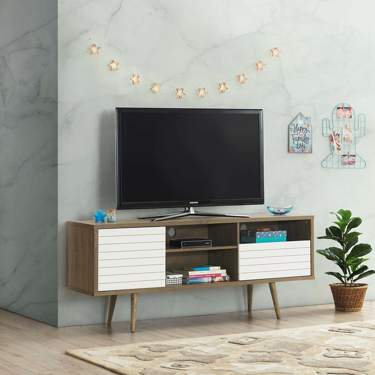 Mid-Century Modern TV Stand for TVs up to 65 Inch, Walnut & White Entertainment Centers & TV Stands   at Gallery Canada