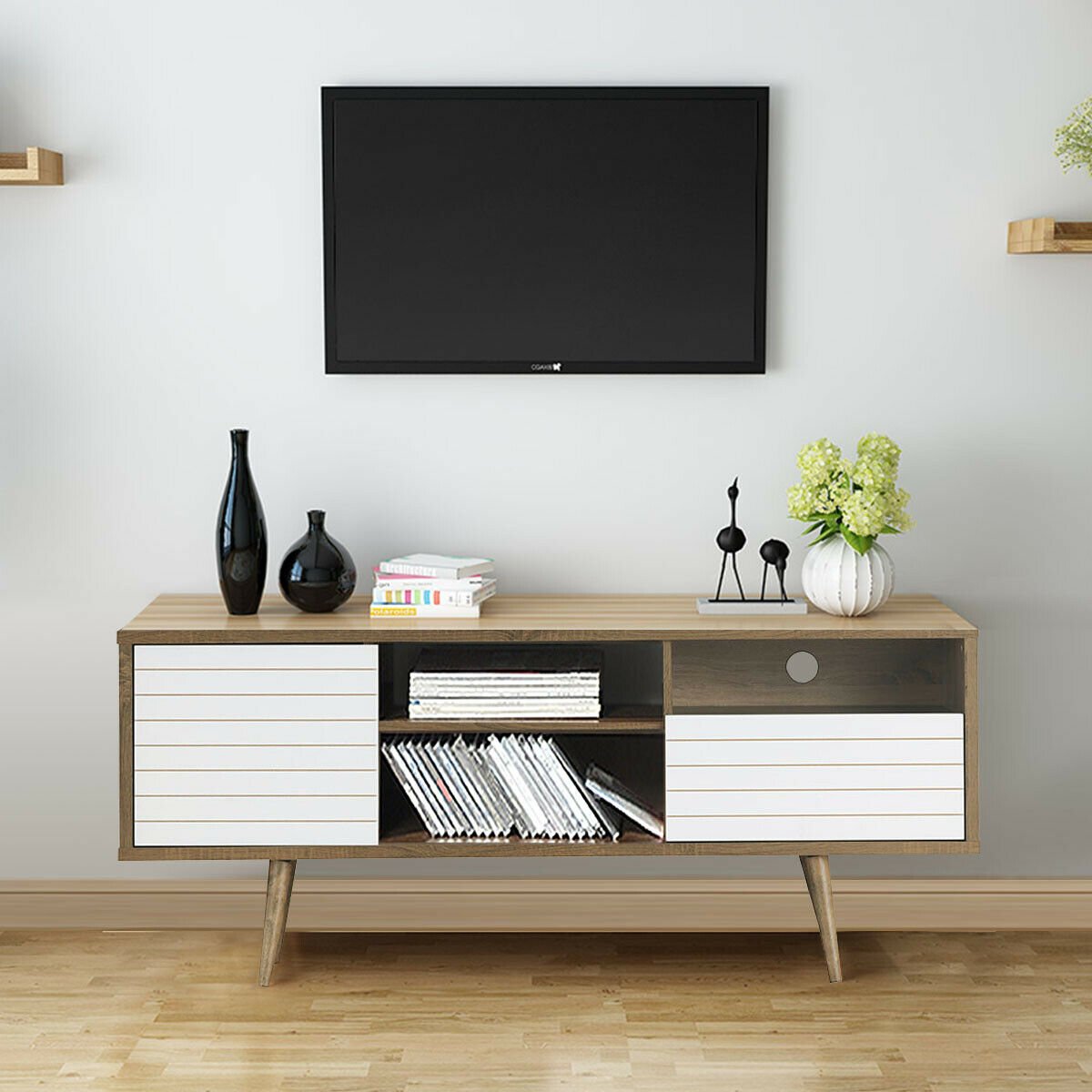 Mid-Century Modern TV Stand for TVs up to 65 Inch, Walnut & White Entertainment Centers & TV Stands   at Gallery Canada