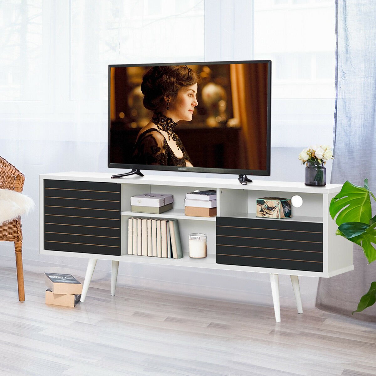 Mid-Century Modern TV Stand for TVs up to 65 Inch with Storage Shelves, Black & White Entertainment Centers & TV Stands   at Gallery Canada