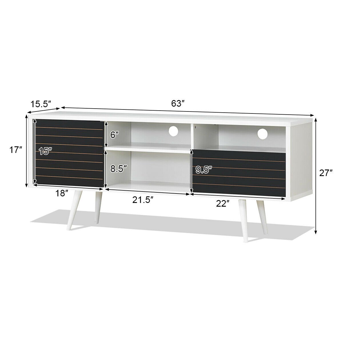 Mid-Century Modern TV Stand for TVs up to 65 Inch with Storage Shelves, Black & White Entertainment Centers & TV Stands   at Gallery Canada