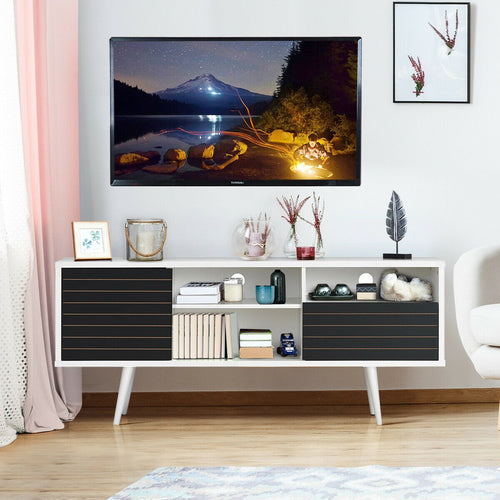 Mid-Century Modern TV Stand for TVs up to 65 Inch with Storage Shelves, Black & White