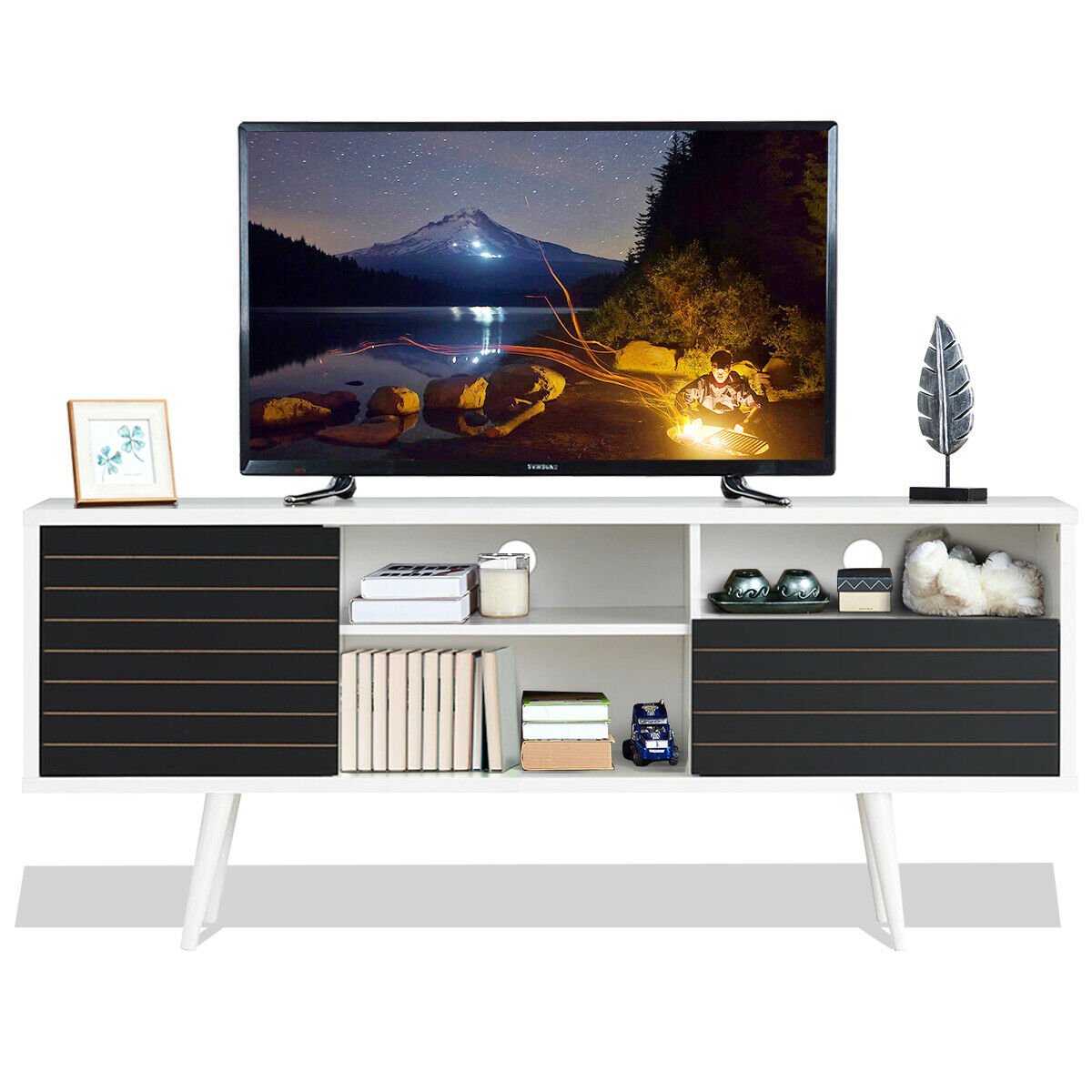 Mid-Century Modern TV Stand for TVs up to 65 Inch with Storage Shelves, Black & White Entertainment Centers & TV Stands   at Gallery Canada