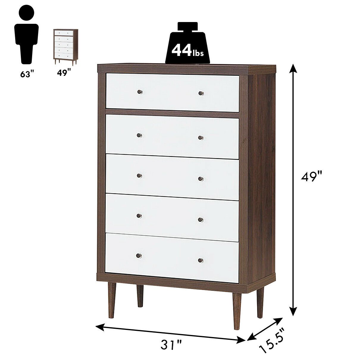 Antique-Style Free-Standing Dresser with 5 Drawers, White Dressers & Chests   at Gallery Canada