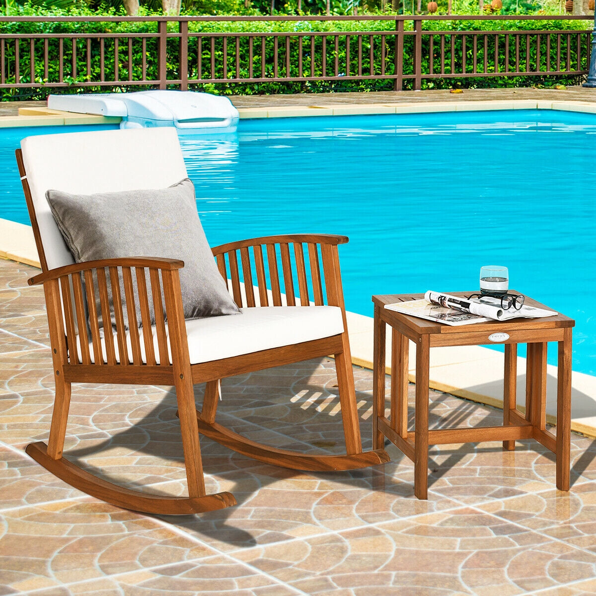 2 Pieces Acacia Wood Patio Rocking Chair Table Set, Brown Patio Conversation Sets at Gallery Canada