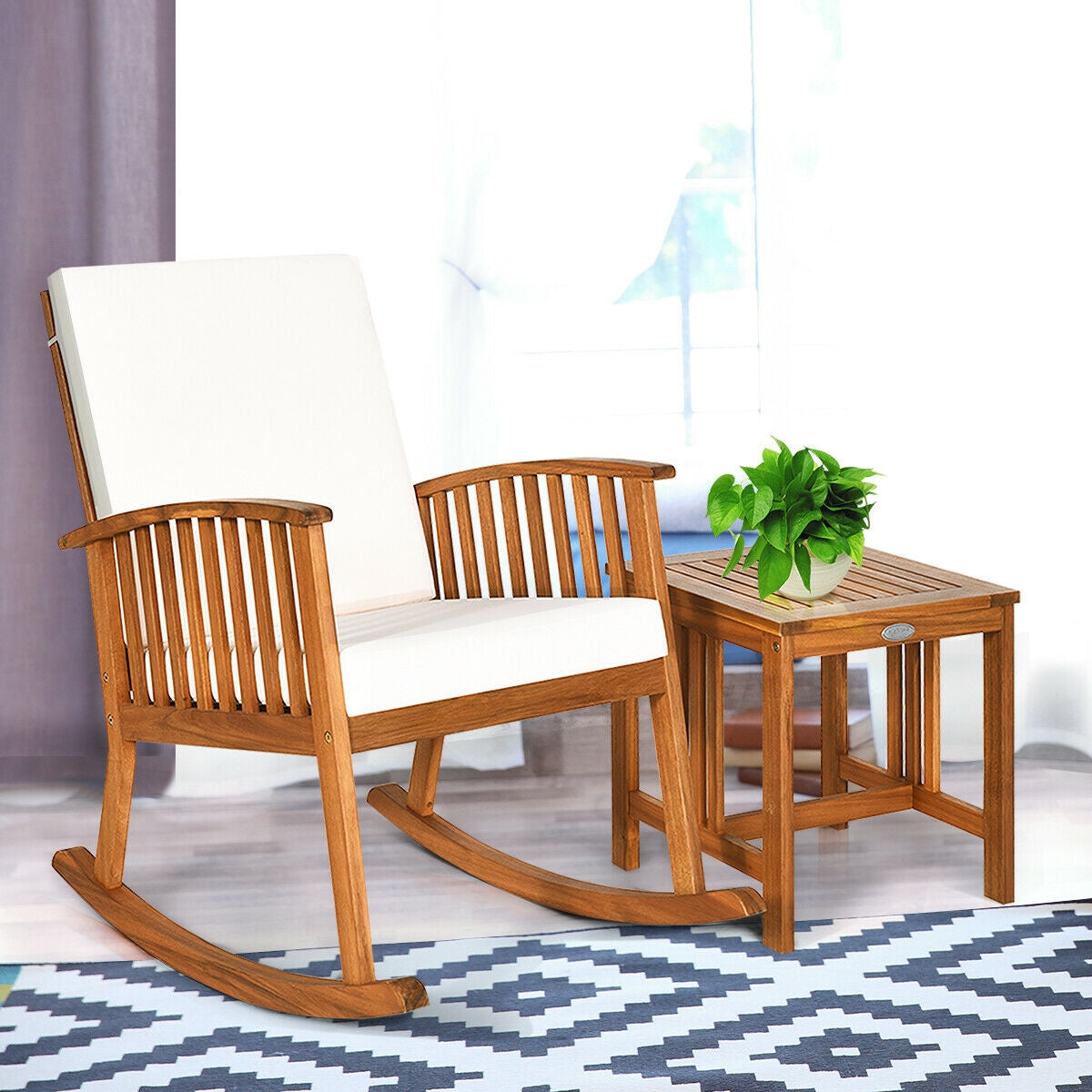 2 Pieces Acacia Wood Patio Rocking Chair Table Set, Brown Patio Conversation Sets at Gallery Canada