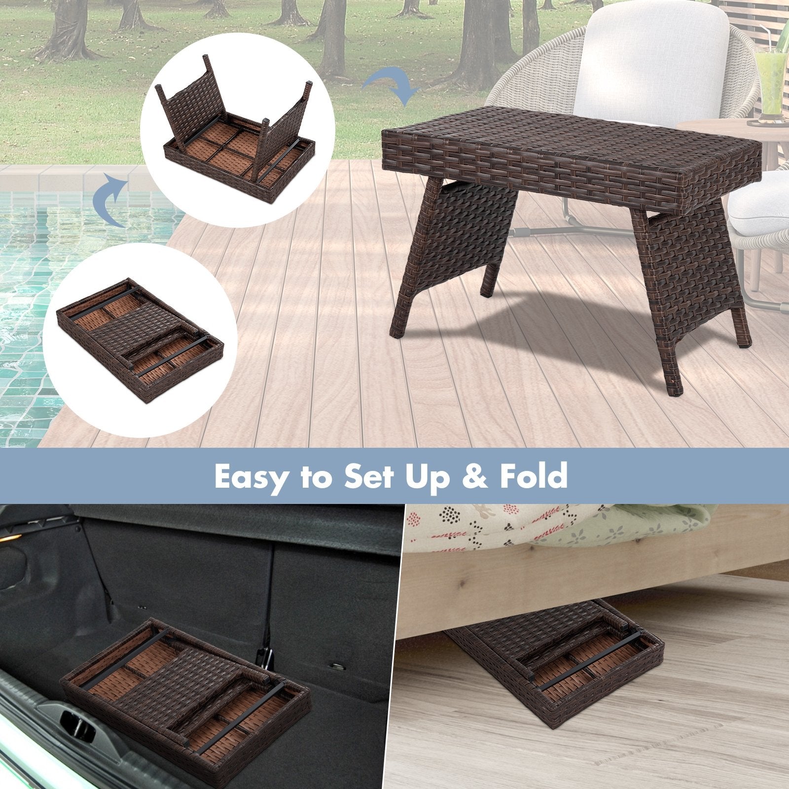 Folding PE Rattan Side Coffee Table Patio Garden Furniture, Brown Patio Coffee Tables   at Gallery Canada