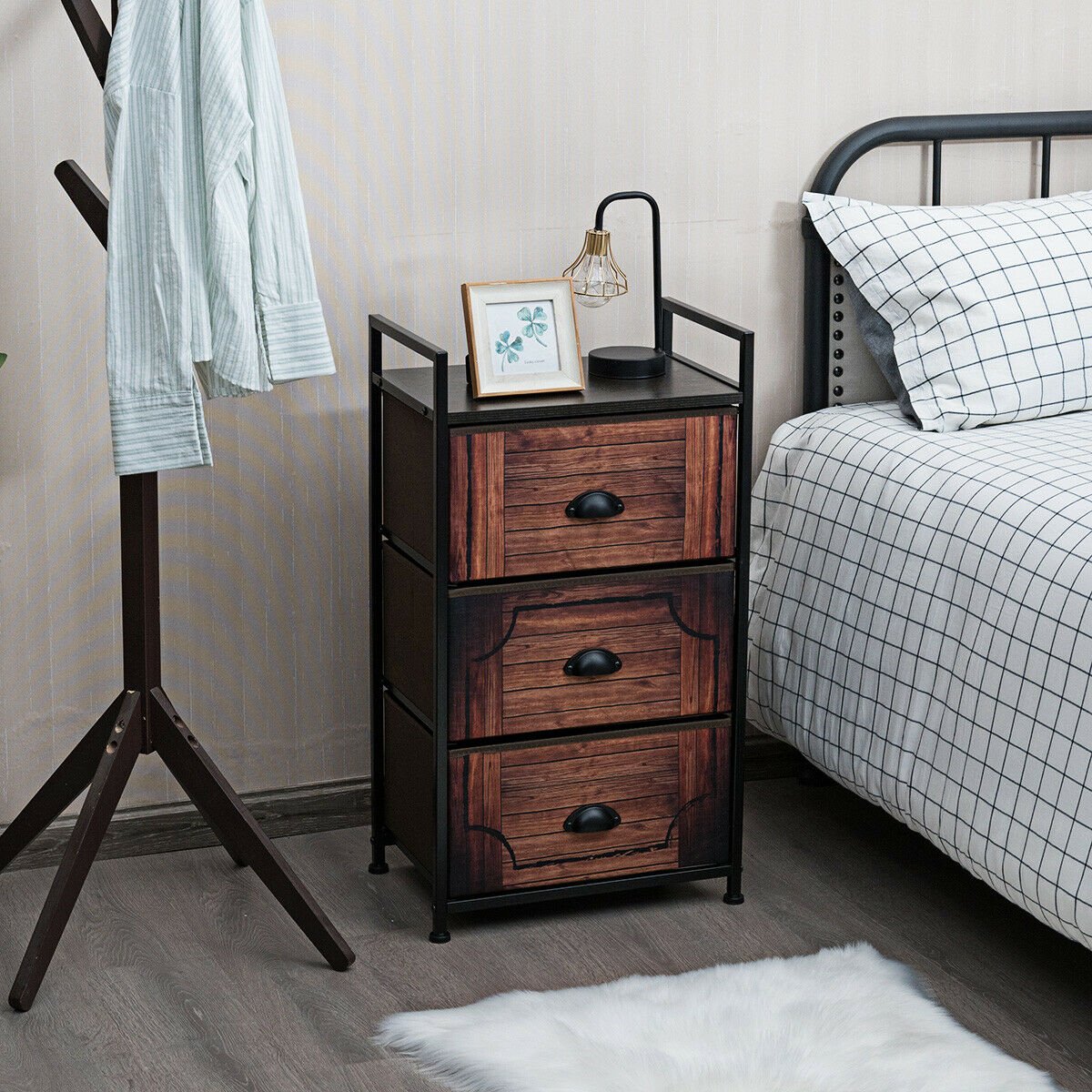 Industrial 3-Layers Fabric Dresser with Fabric Drawers and Steel Frame, Brown Nightstands   at Gallery Canada