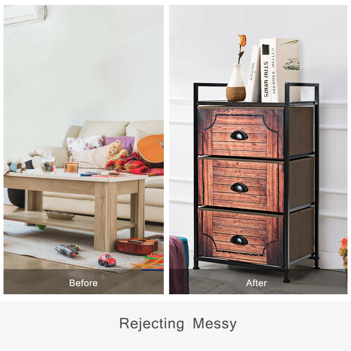 Industrial 3-Layers Fabric Dresser with Fabric Drawers and Steel Frame, Brown Nightstands   at Gallery Canada