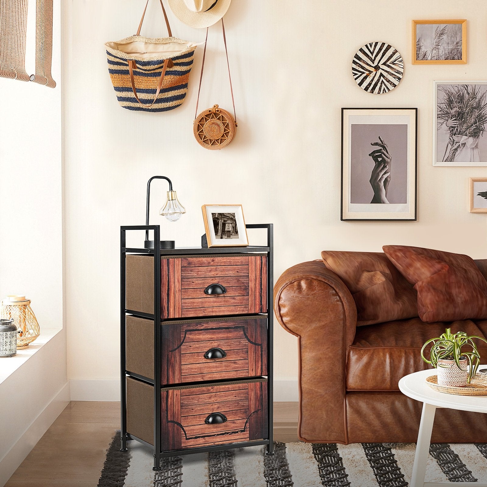 Industrial 3-Layers Fabric Dresser with Fabric Drawers and Steel Frame, Brown Nightstands   at Gallery Canada