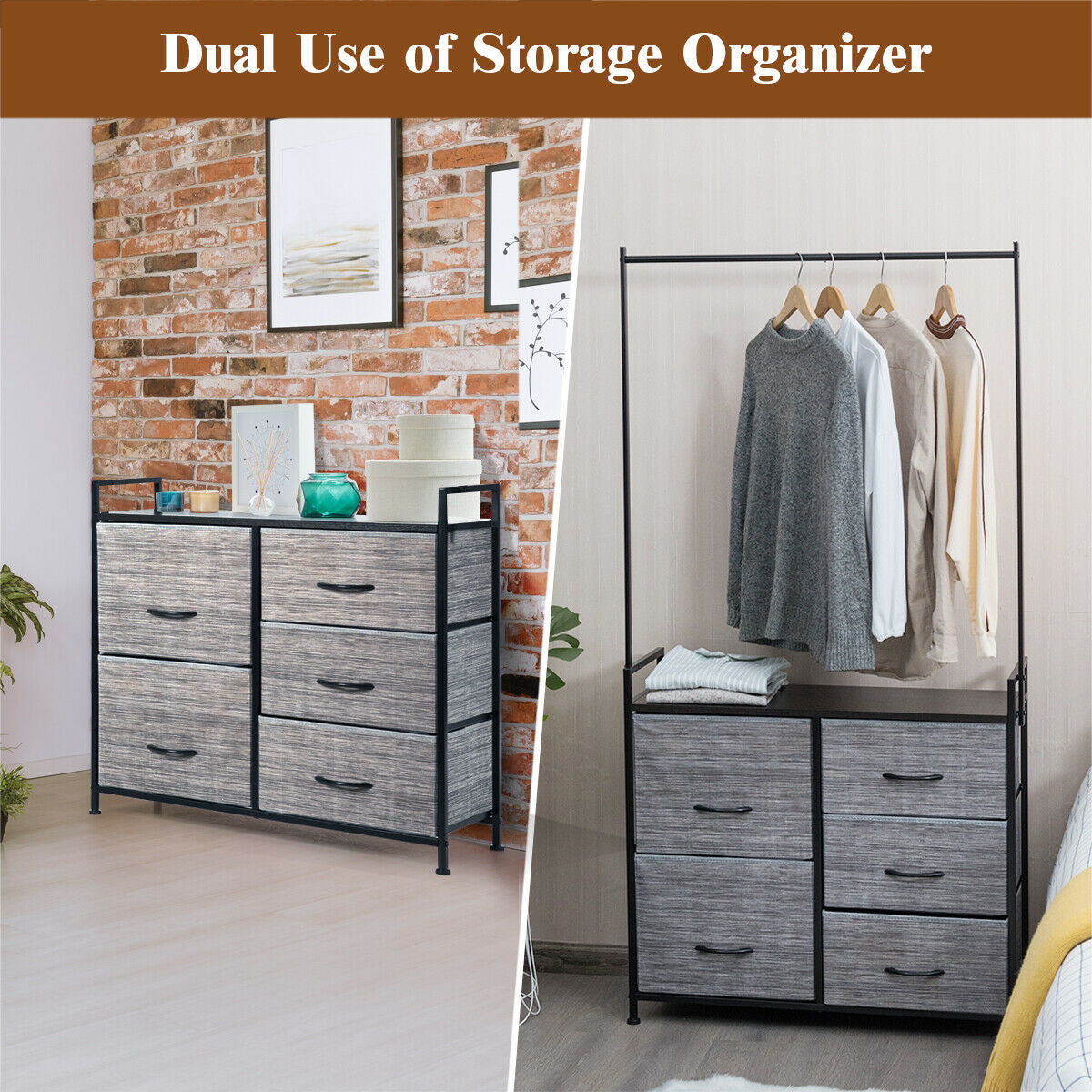5 Fabric Drawers Dresser with Metal Frame and Wooden Top, Gray Clothing & Closet Storage at Gallery Canada