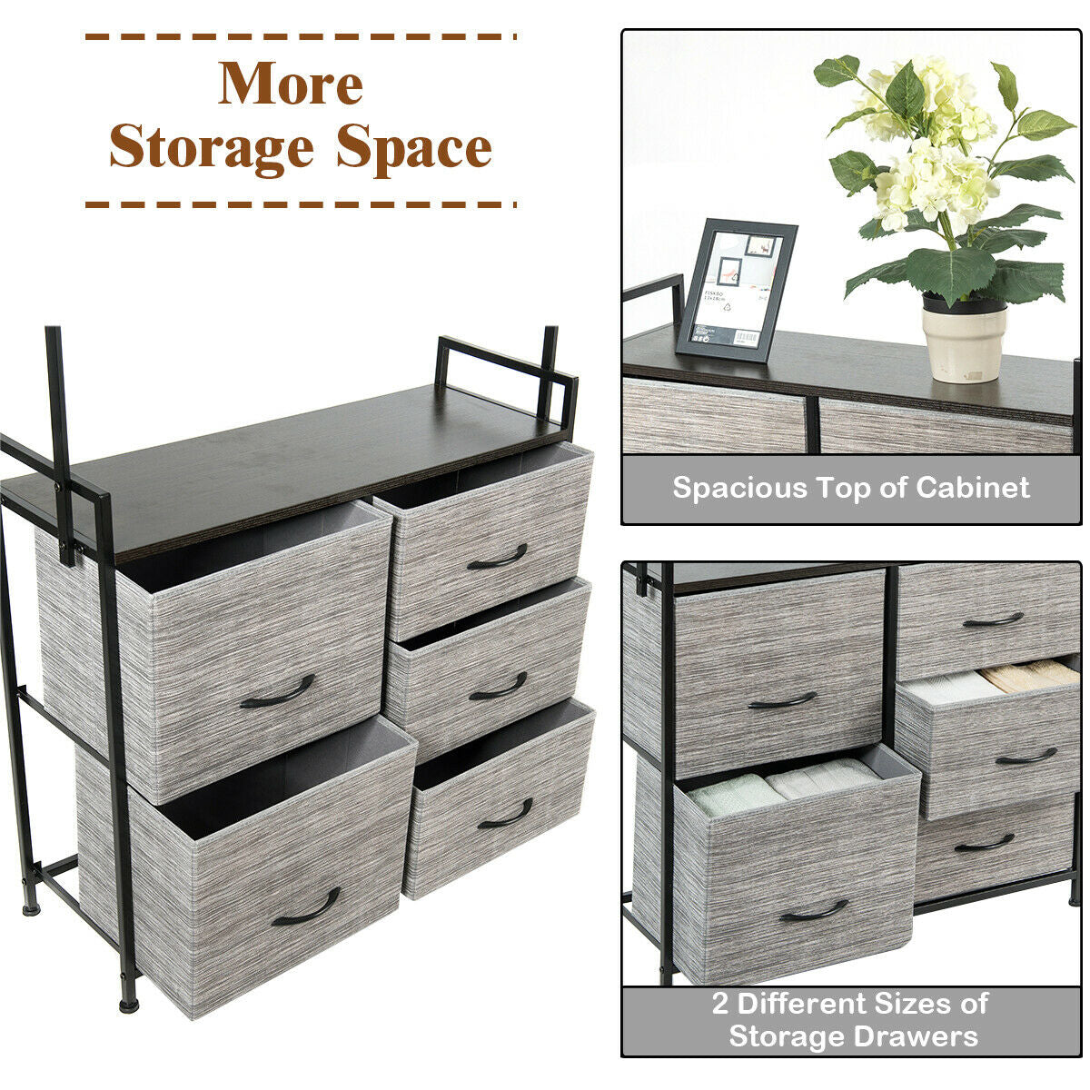 5 Fabric Drawers Dresser with Metal Frame and Wooden Top, Gray Clothing & Closet Storage at Gallery Canada