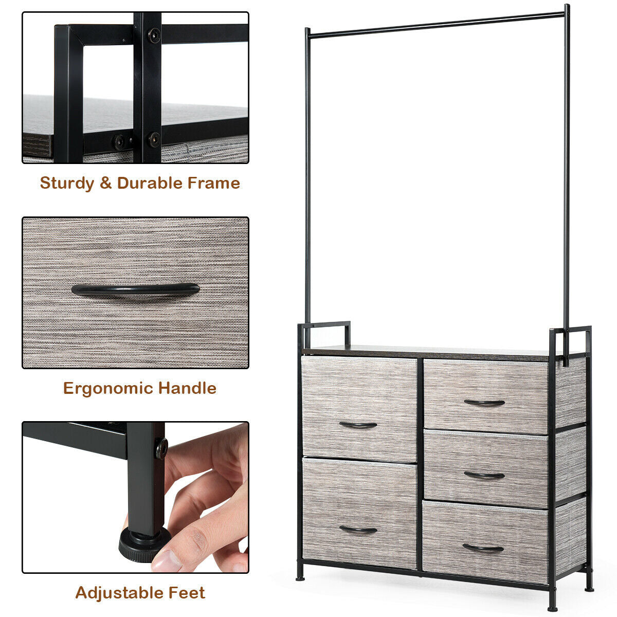 5 Fabric Drawers Dresser with Metal Frame and Wooden Top, Gray Clothing & Closet Storage at Gallery Canada
