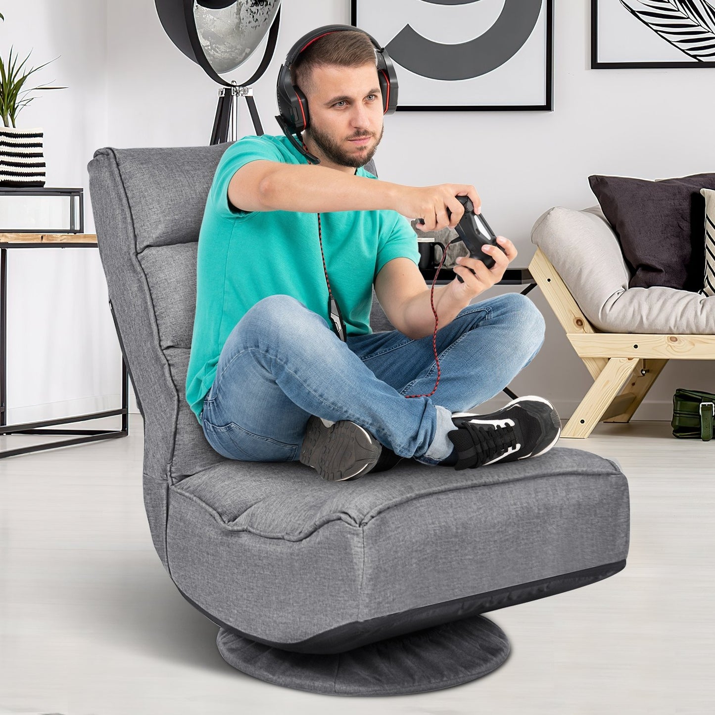 5-Position Folding Floor Gaming Chair, Gray - Gallery Canada