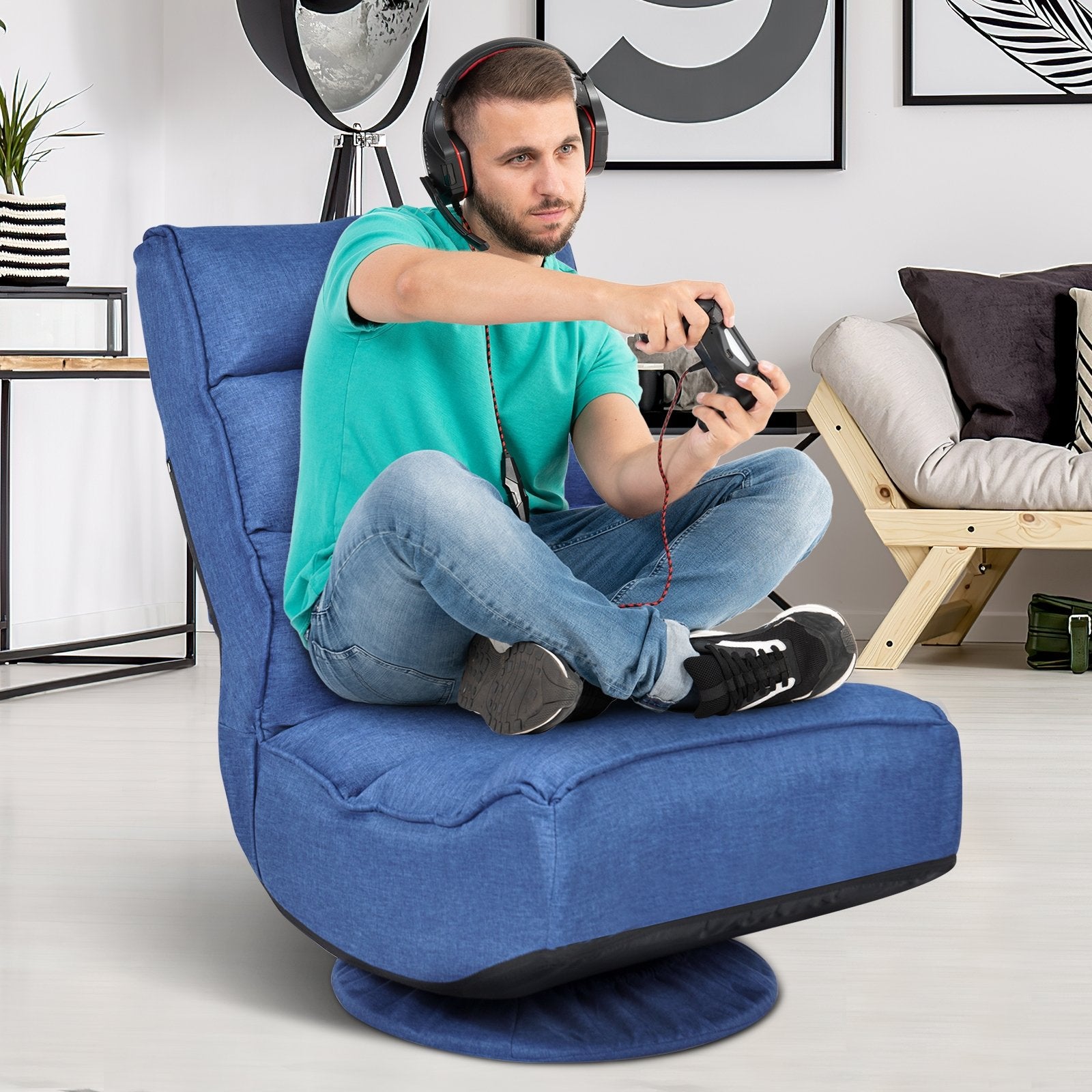 5-Position Folding Floor Gaming Chair, Navy - Gallery Canada