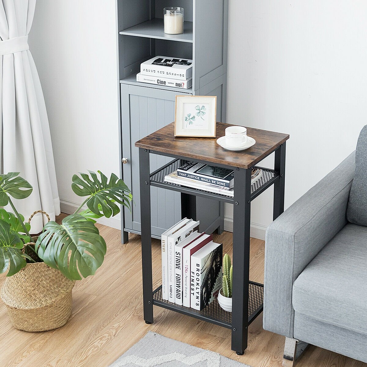 3-Tier Industrial End Table with Metal Mesh Storage Shelves, Rustic Brown Nightstands   at Gallery Canada