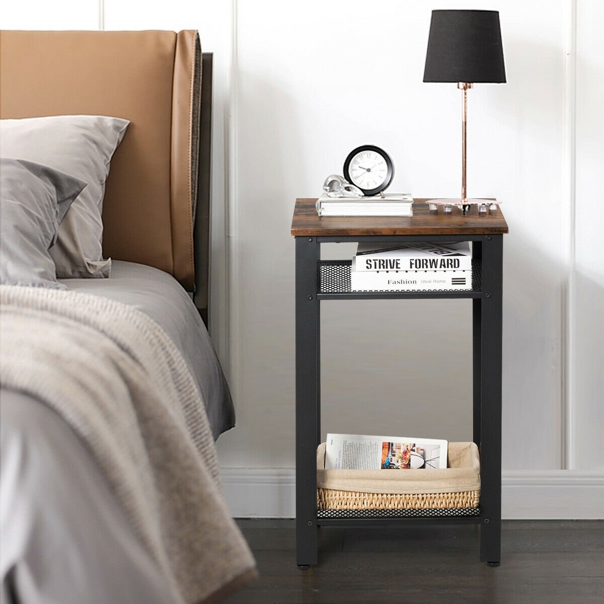 3-Tier Industrial End Table with Metal Mesh Storage Shelves, Rustic Brown Nightstands   at Gallery Canada