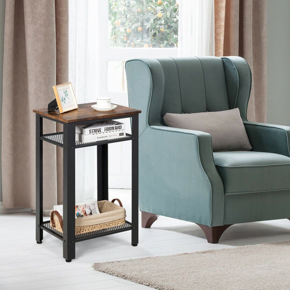 3-Tier Industrial End Table with Metal Mesh Storage Shelves, Rustic Brown Nightstands   at Gallery Canada