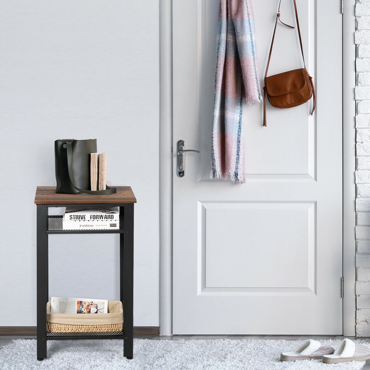 3-Tier Industrial End Table with Metal Mesh Storage Shelves, Rustic Brown Nightstands   at Gallery Canada