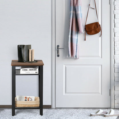 3-Tier Industrial End Table with Metal Mesh Storage Shelves, Rustic Brown Nightstands   at Gallery Canada