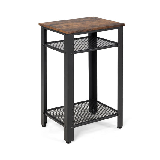 3-Tier Industrial End Table with Metal Mesh Storage Shelves, Rustic Brown - Gallery Canada