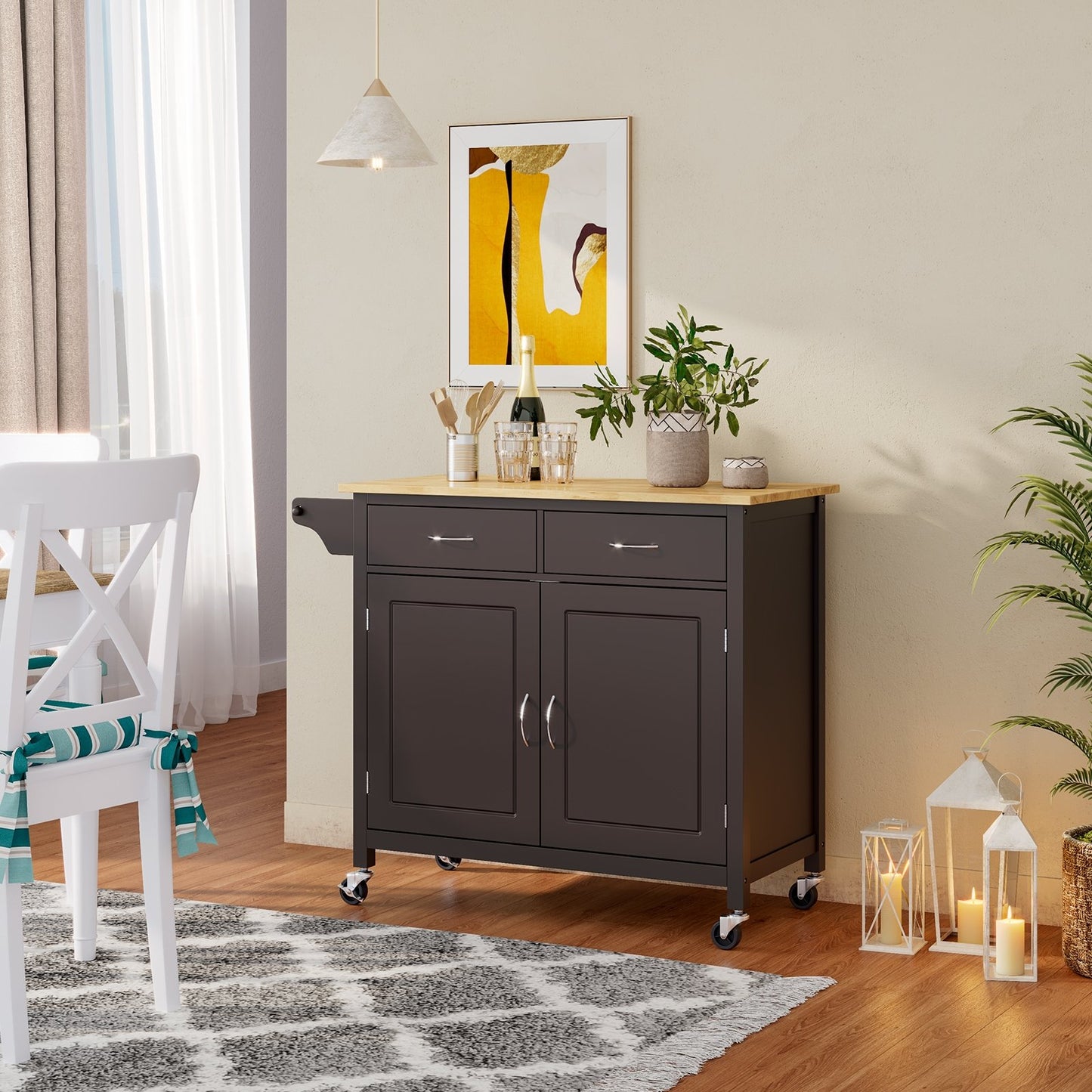 Modern Rolling Kitchen Cart Island with Wooden Top, Brown Kitchen Islands & Carts   at Gallery Canada