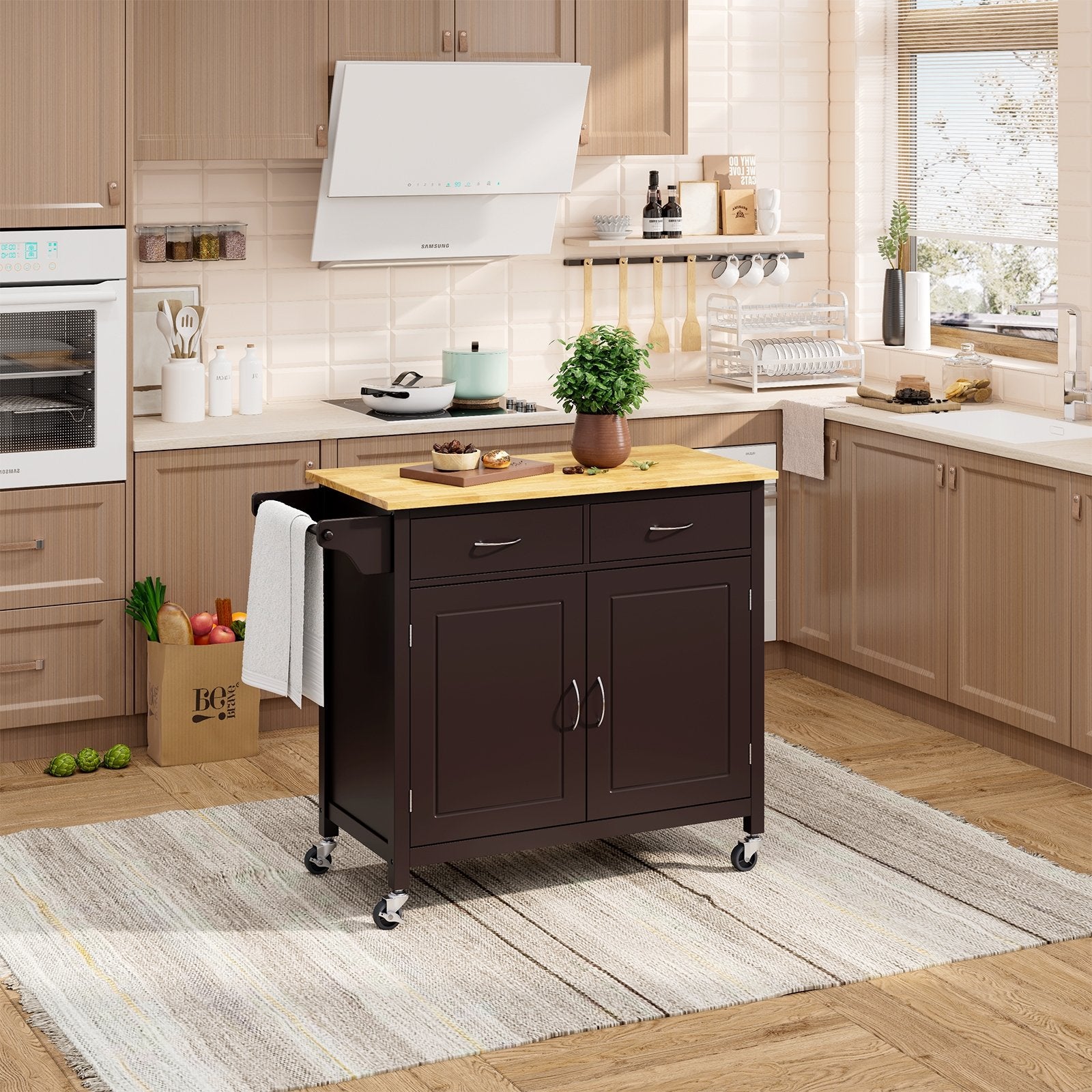 Modern Rolling Kitchen Cart Island with Wooden Top, Brown Kitchen Islands & Carts   at Gallery Canada