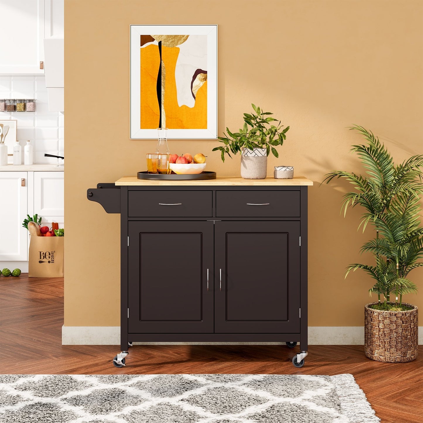 Modern Rolling Kitchen Cart Island with Wooden Top, Brown Kitchen Islands & Carts   at Gallery Canada