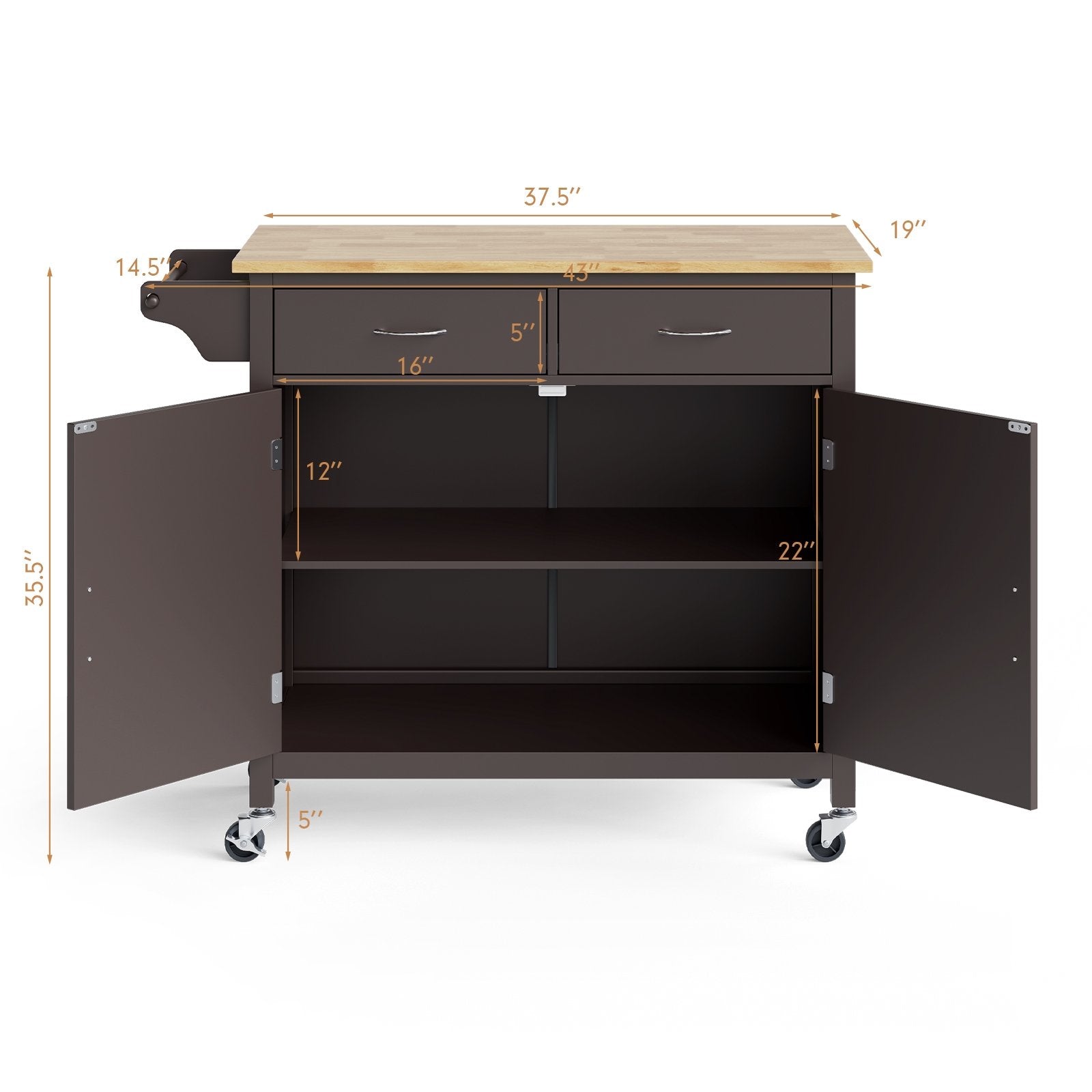 Modern Rolling Kitchen Cart Island with Wooden Top, Brown - Gallery Canada