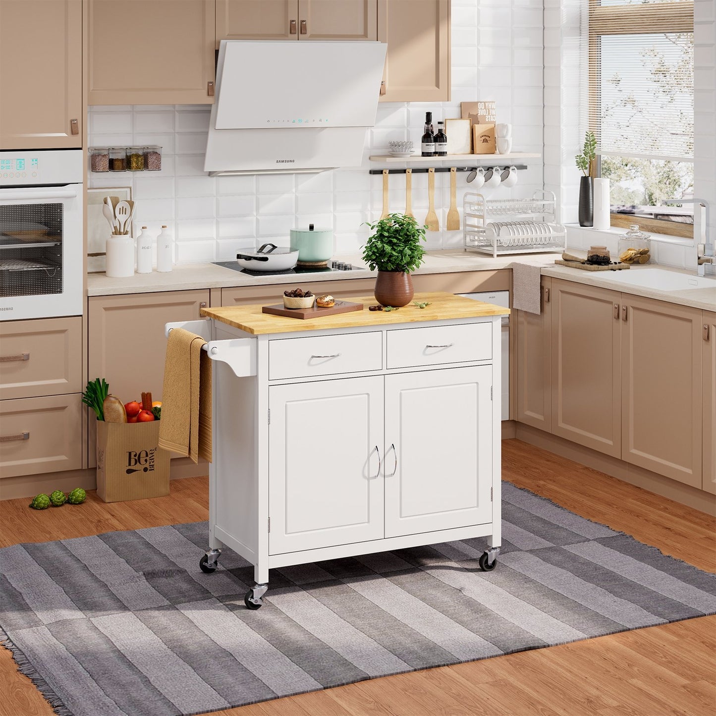 Modern Rolling Kitchen Cart Island with Wooden Top, White Kitchen Islands & Carts   at Gallery Canada