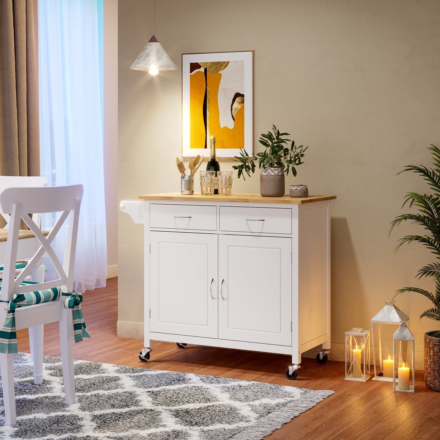 Modern Rolling Kitchen Cart Island with Wooden Top, White Kitchen Islands & Carts   at Gallery Canada