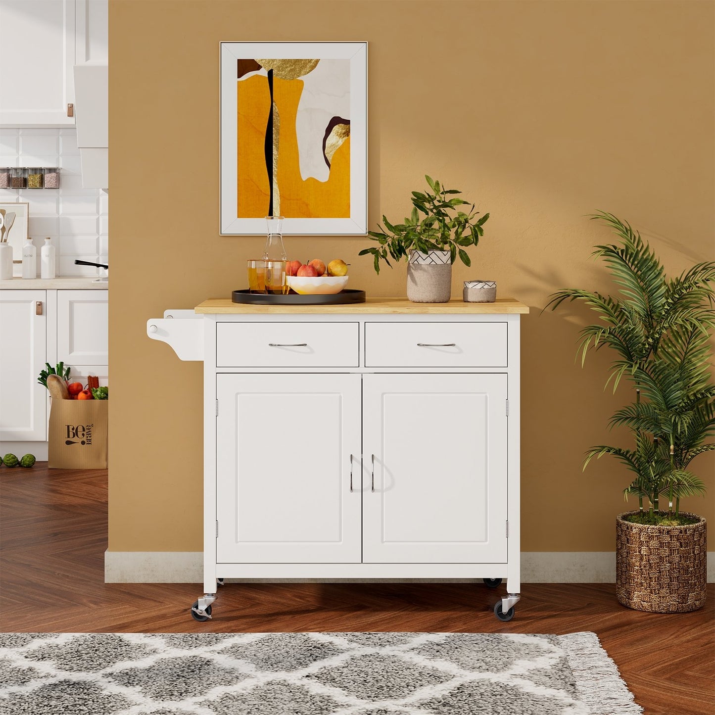 Modern Rolling Kitchen Cart Island with Wooden Top, White Kitchen Islands & Carts   at Gallery Canada