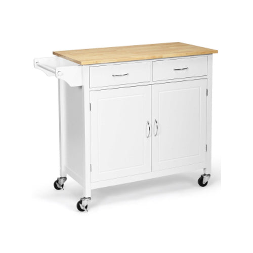 Modern Rolling Kitchen Cart Island with Wooden Top, White