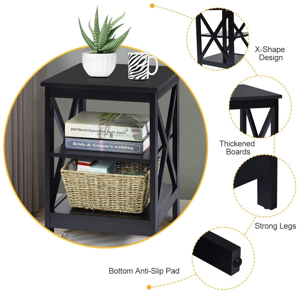 3-Tier X-Design Nightstands with Storage Shelves for Living Room Bedroom, Black - Gallery Canada