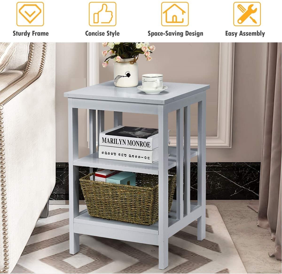 Set of 2 Multifunctional 3-Tier Nightstand Sofa Side Table with Reinforced Bars and Stable Structure, Gray Nightstands   at Gallery Canada