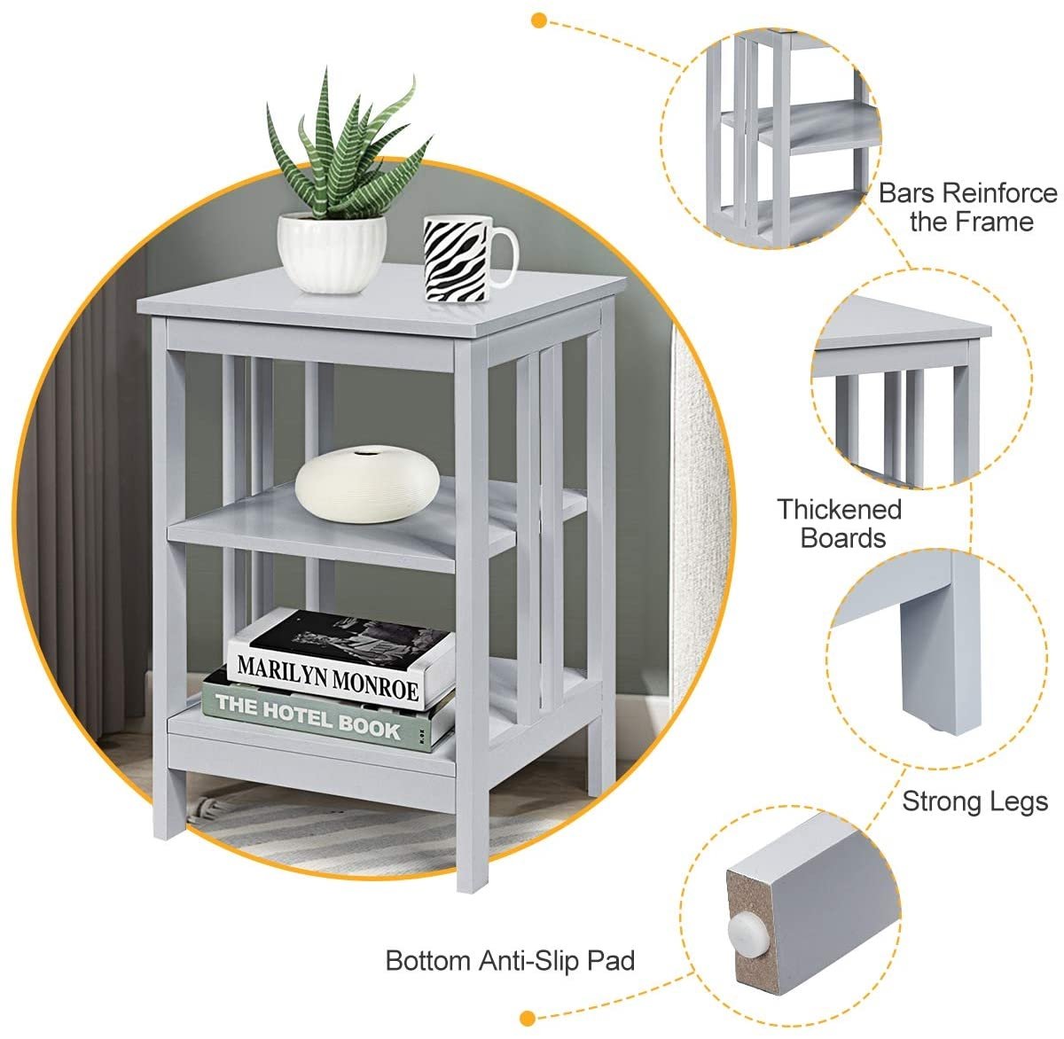 Set of 2 Multifunctional 3-Tier Nightstand Sofa Side Table with Reinforced Bars and Stable Structure, Gray Nightstands   at Gallery Canada