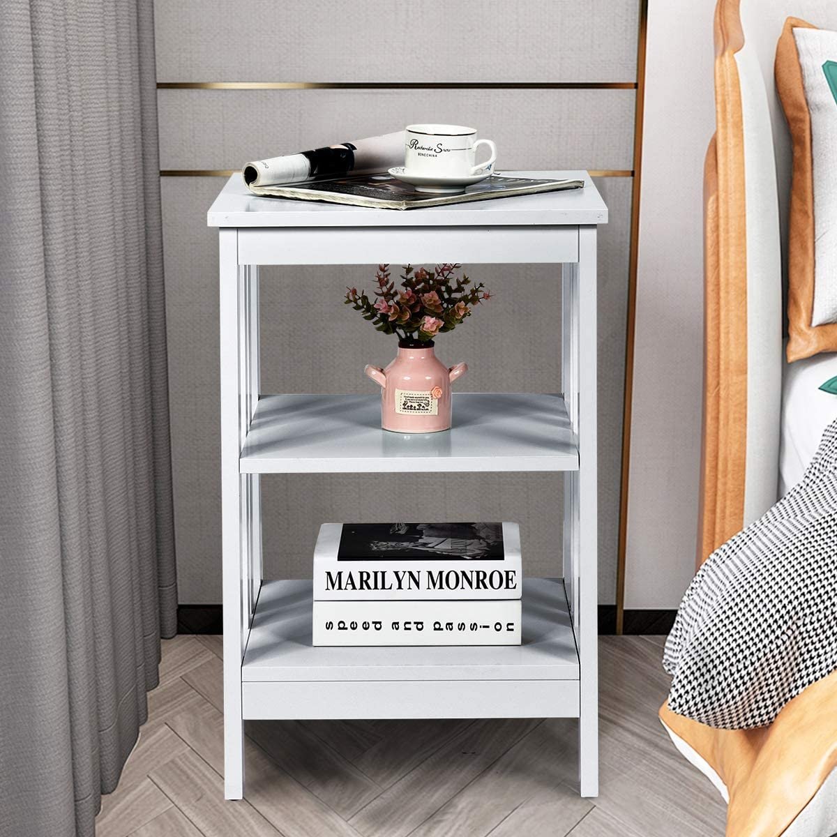 Set of 2 Multifunctional 3-Tier Nightstand Sofa Side Table with Reinforced Bars and Stable Structure, Gray Nightstands   at Gallery Canada