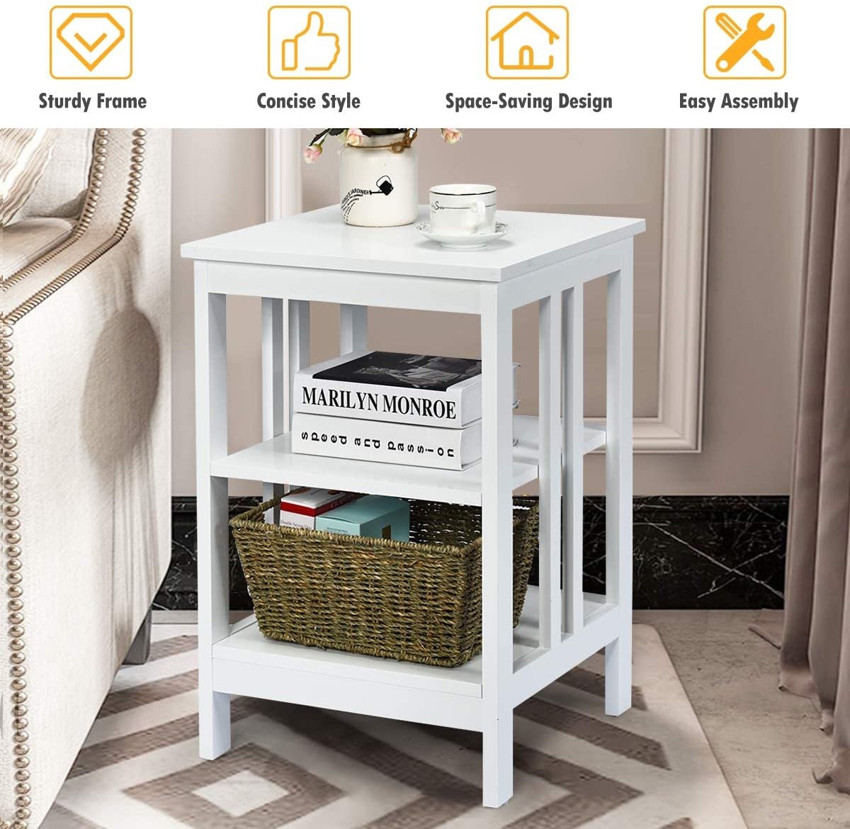 Set of 2 Multifunctional 3-Tier Nightstand Sofa Side Table with Reinforced Bars and Stable Structure, White - Gallery Canada