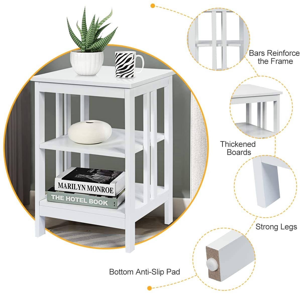 Set of 2 Multifunctional 3-Tier Nightstand Sofa Side Table with Reinforced Bars and Stable Structure, White Nightstands   at Gallery Canada