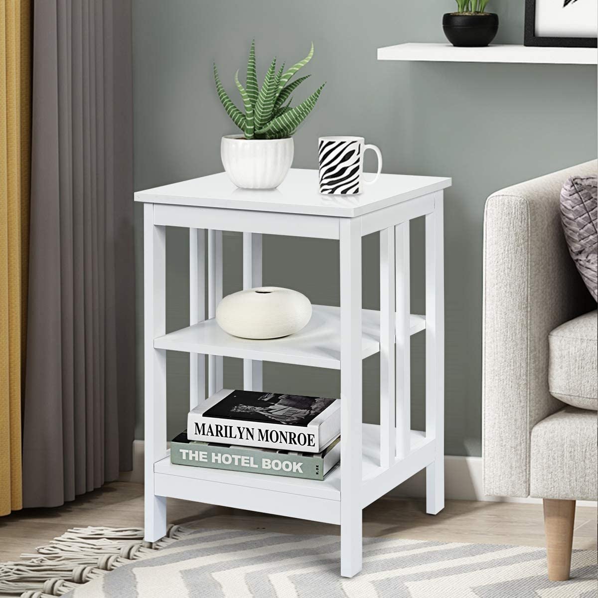 Set of 2 Multifunctional 3-Tier Nightstand Sofa Side Table with Reinforced Bars and Stable Structure, White - Gallery Canada