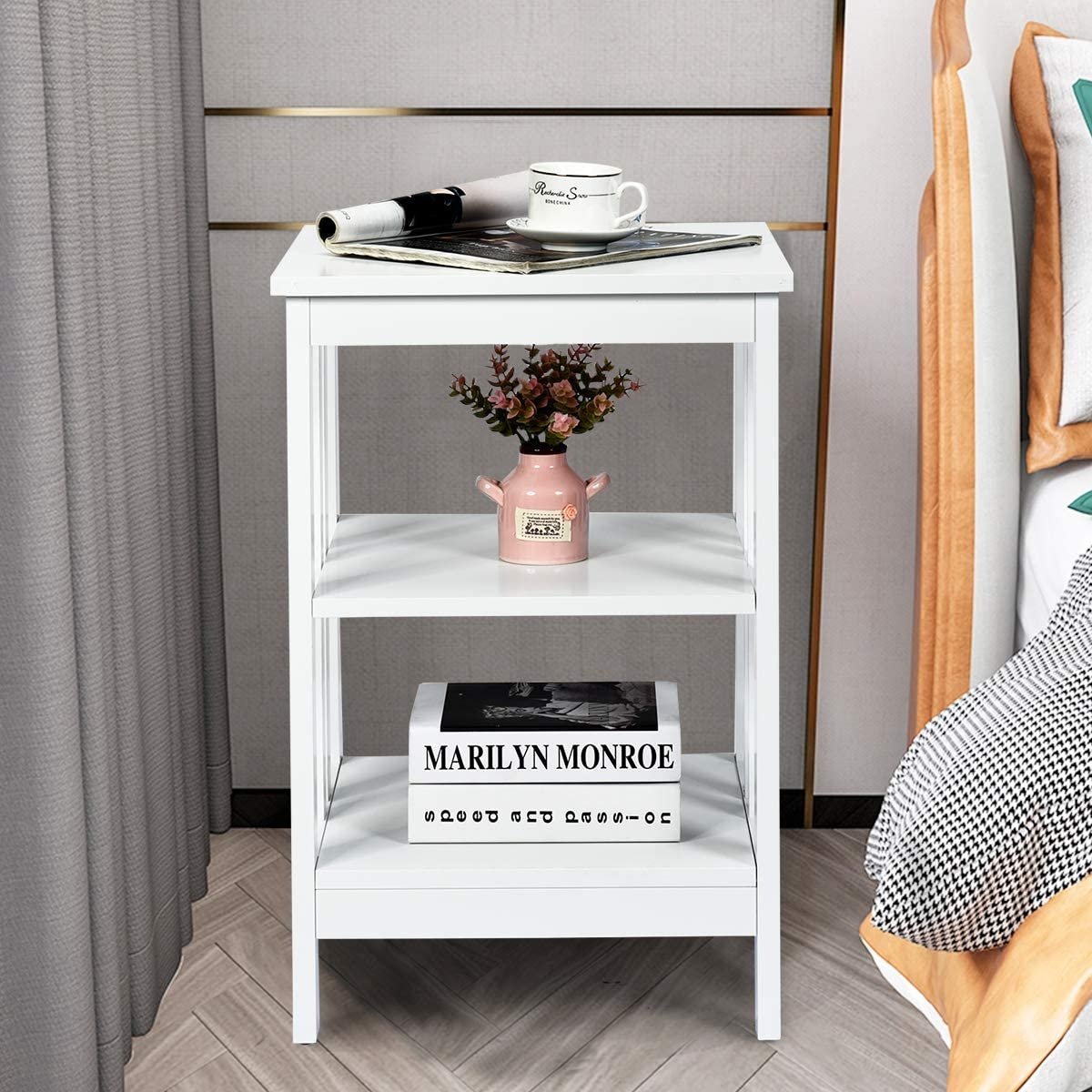 Set of 2 Multifunctional 3-Tier Nightstand Sofa Side Table with Reinforced Bars and Stable Structure, White - Gallery Canada